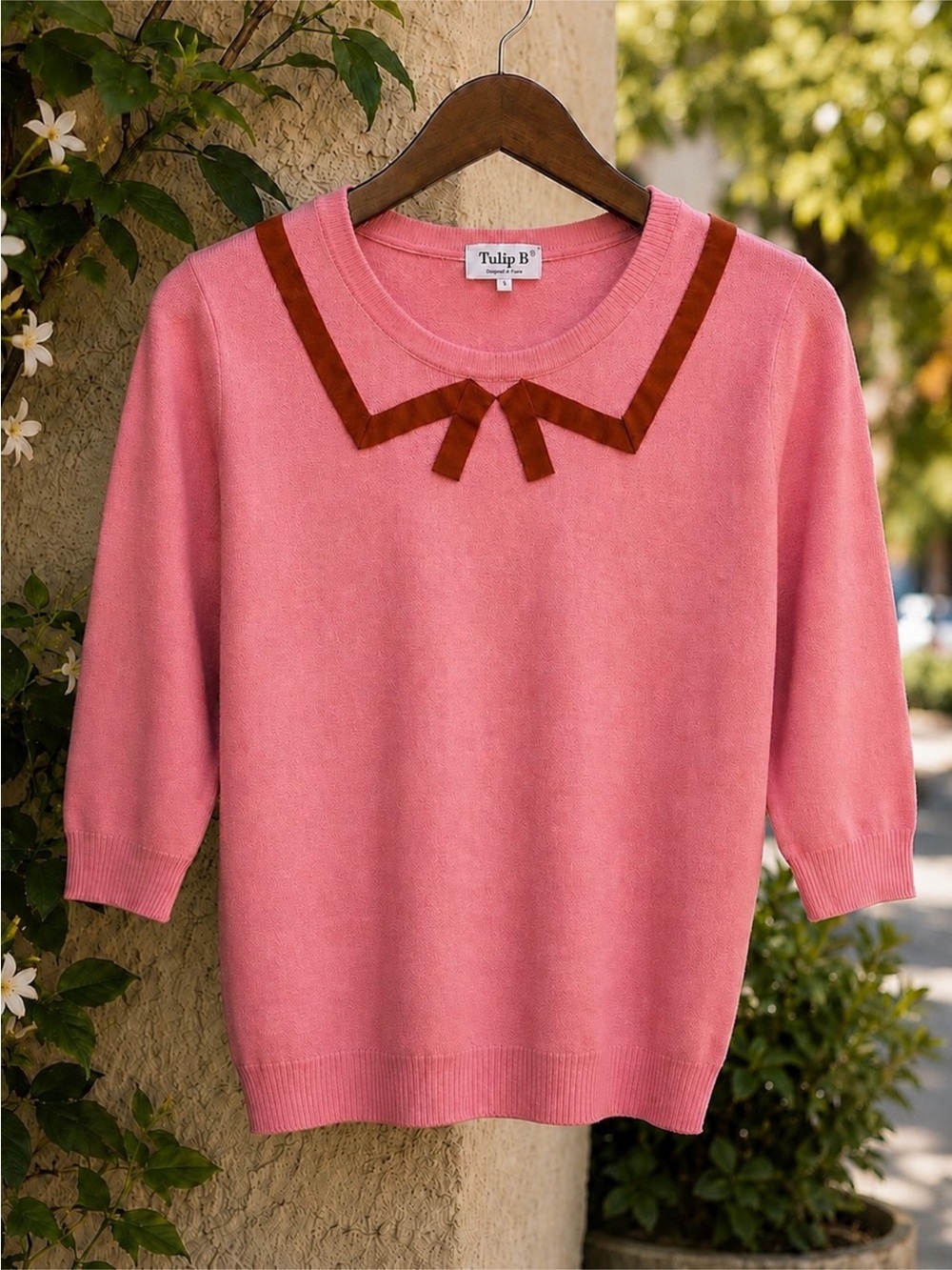 TULIP B | Pink Knit Sweater with Brown Bow Detail - Picture 2 of 15
